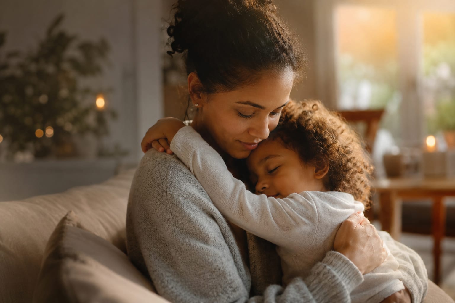 A mother embracing her child at home
